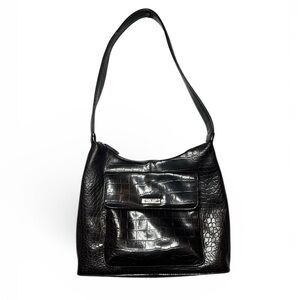Nine West Faux Leather Black Croc-Pattern Shoulder Bag
